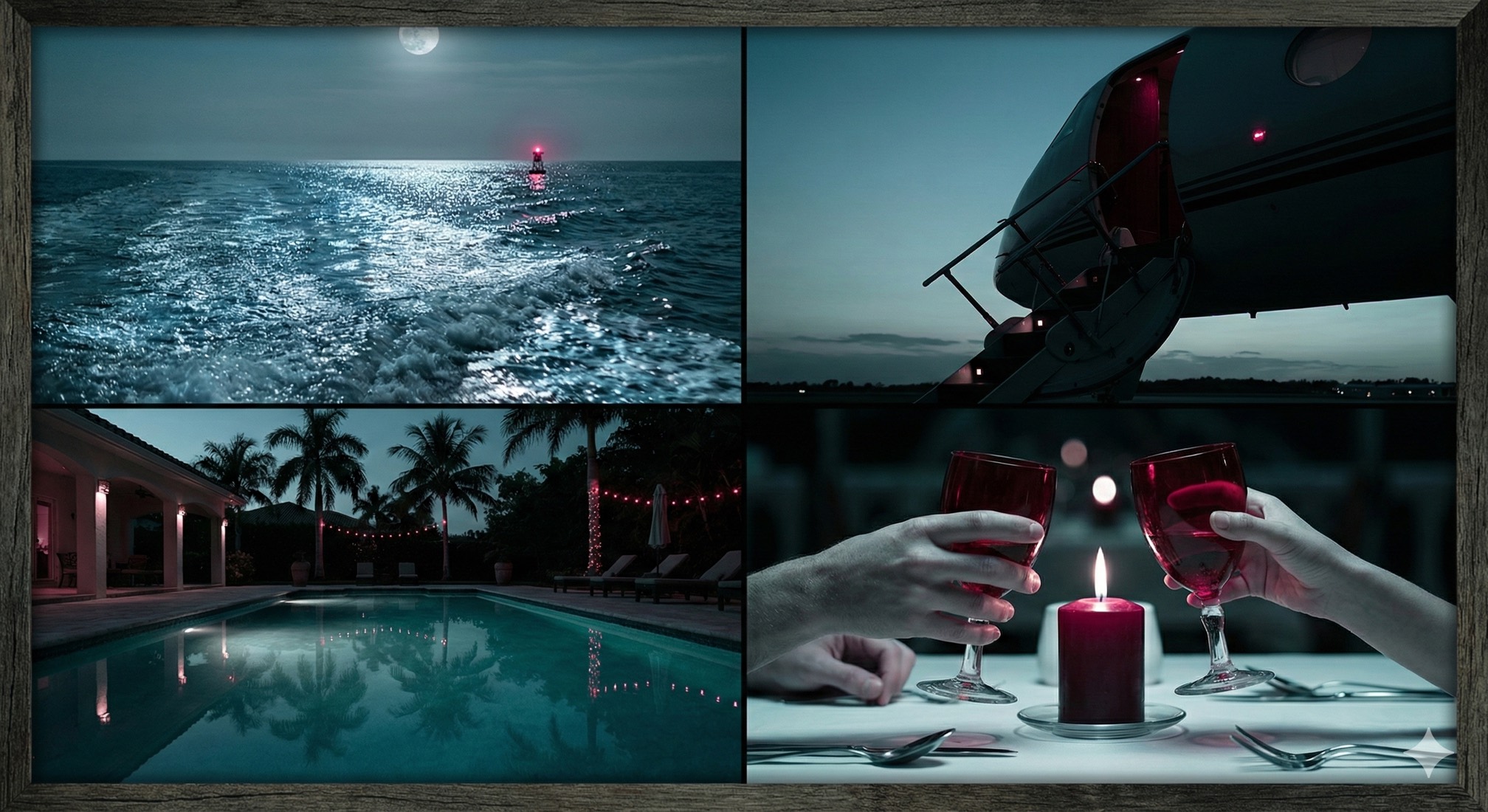 Luxury experiences - moonlit ocean, private jet, villa pool, candlelit dinner